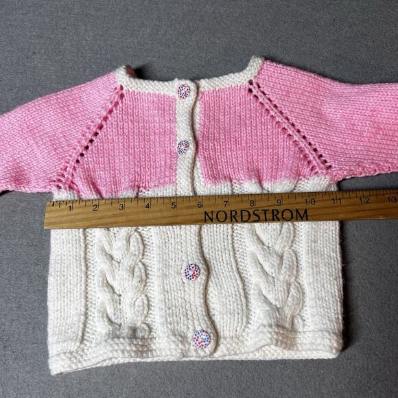 Hand Knit Baby Girl Sweater Cardigan 6-12 months (22"‎ Chest) Pink White Button - Picture 5 of 7